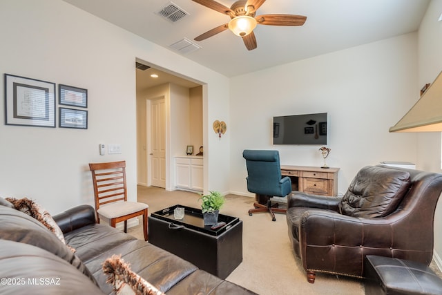 living room featuring visible vents, carpet, ceiling fan, and baseboards