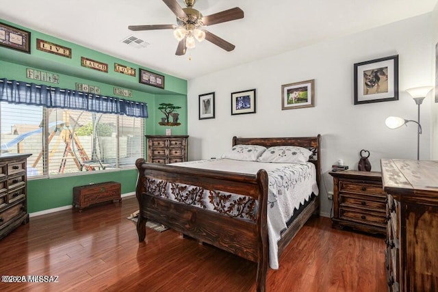 630 E Racine Pl, Casa Grande, AZ 85122 - bedroom with visible vents, a ceiling fan, baseboards, and wood finished floors