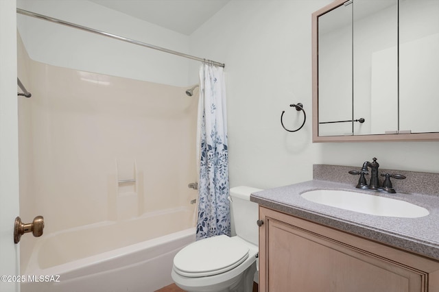 full bath featuring vanity, toilet, and shower / tub combo with curtain