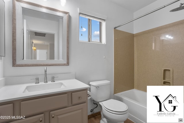 full bathroom featuring visible vents, shower / bathtub combination, toilet, and vanity