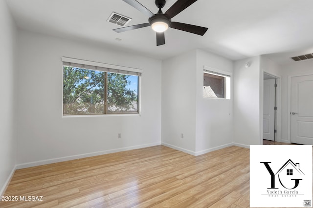 spare room with visible vents, a ceiling fan, and light wood finished floors