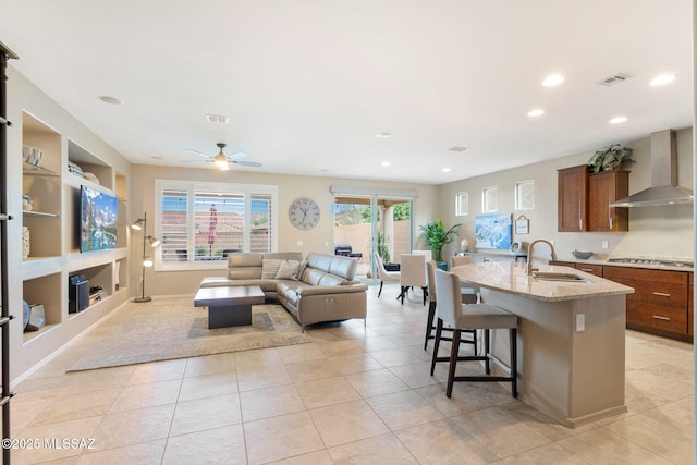 7084 W Cliff Spring Trl, Marana, AZ 85658 - living room featuring recessed lighting, light tile patterned floors, and a ceiling fan