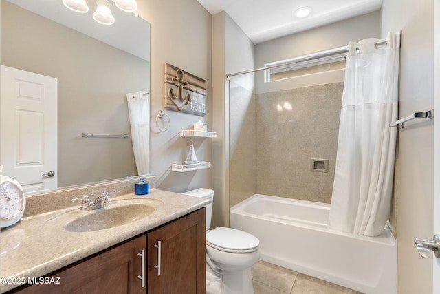 7084 W Cliff Spring Trl, Marana, AZ 85658 - full bathroom with tile patterned floors, shower / tub combo with curtain, toilet, and vanity