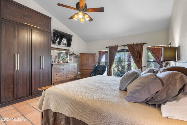 bedroom with high vaulted ceiling, ceiling fan, and light tile patterned flooring