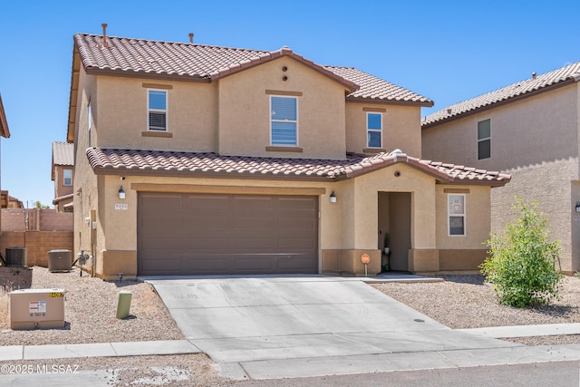 mediterranean / spanish-style home featuring stucco siding, an attached garage, and a tile roof