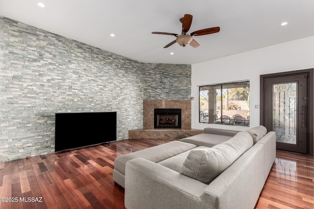 1330 W Panorama Rd, Tucson, AZ 85704 - living room with recessed lighting, a ceiling fan, wood finished floors, and a premium fireplace