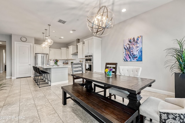 dining room featuring visible vents, recessed lighting, baseboards, and a chandelier