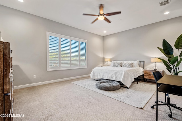 bedroom featuring visible vents, recessed lighting, baseboards, and carpet flooring