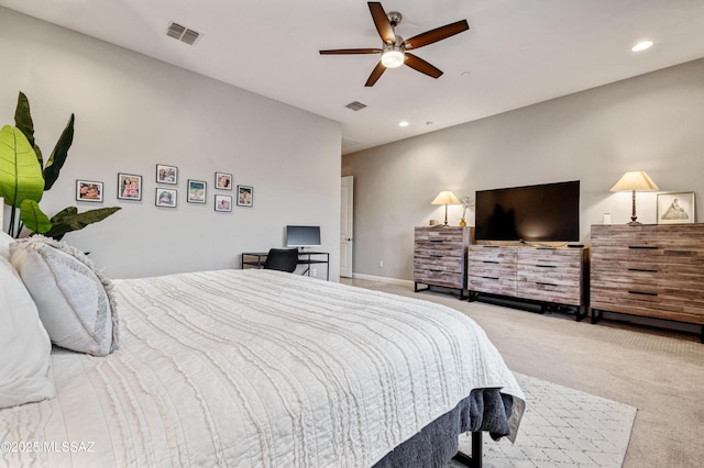 bedroom with carpet floors, recessed lighting, ceiling fan, and visible vents