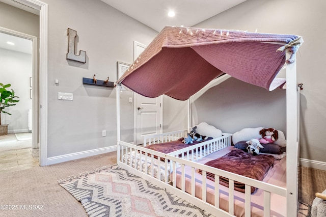 carpeted bedroom with recessed lighting and baseboards