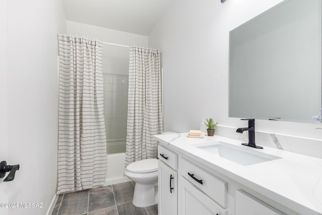 full bath with vanity, shower / bath combo with shower curtain, and toilet