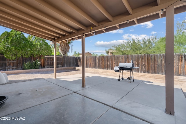 view of patio / terrace featuring a fenced backyard and grilling area