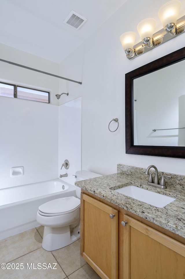 bathroom with visible vents, tile patterned flooring, vanity, toilet, and bathing tub / shower combination