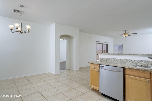 kitchen featuring visible vents, arched walkways, stainless steel dishwasher, a sink, and ceiling fan with notable chandelier