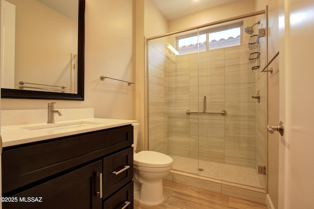 62908 E Thunder Rock Dr, Tucson, AZ 85739 - full bathroom featuring toilet, vanity, wood finished floors, and a shower stall