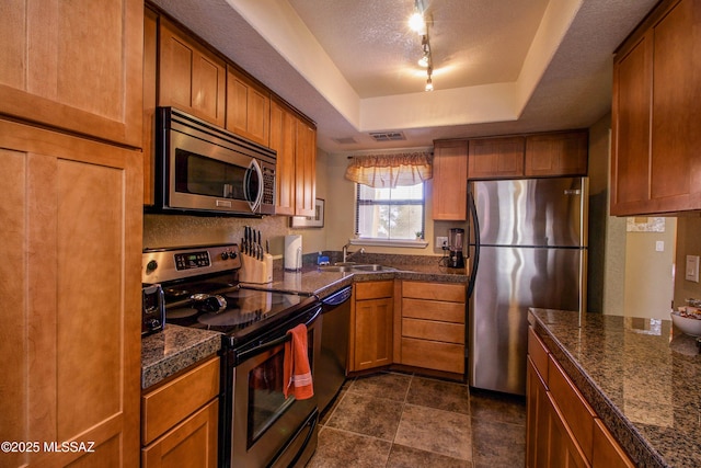 kitchen with appliances with stainless steel finishes, brown cabinets, a sink, a raised ceiling, and tile counters