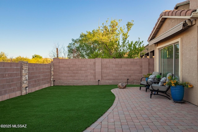 view of yard featuring a fenced backyard and a patio