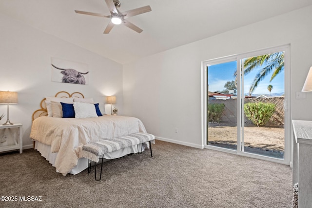 9453 E Pena Dr, Tucson, AZ 85730 - bedroom featuring a ceiling fan, access to exterior, carpet floors, baseboards, and lofted ceiling