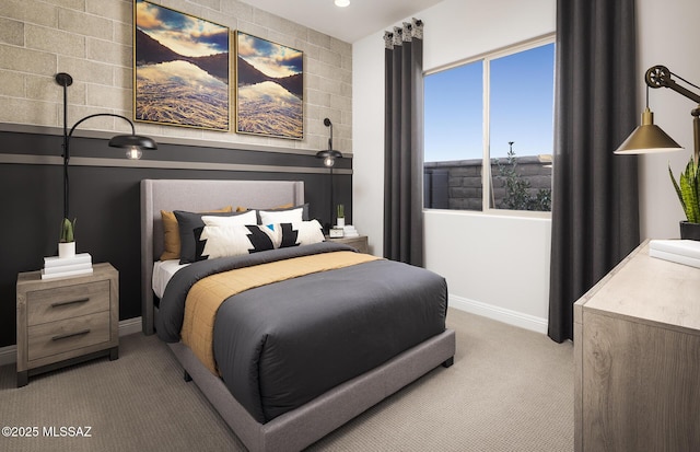 bedroom featuring carpet flooring, baseboards, and recessed lighting
