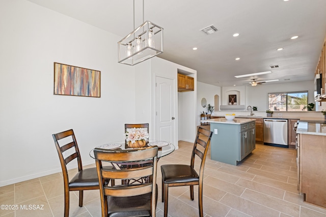 9896 E Wind Dancer Dr, Tucson, AZ 85748 - dining room with visible vents, baseboards, ceiling fan, recessed lighting, and light tile patterned floors