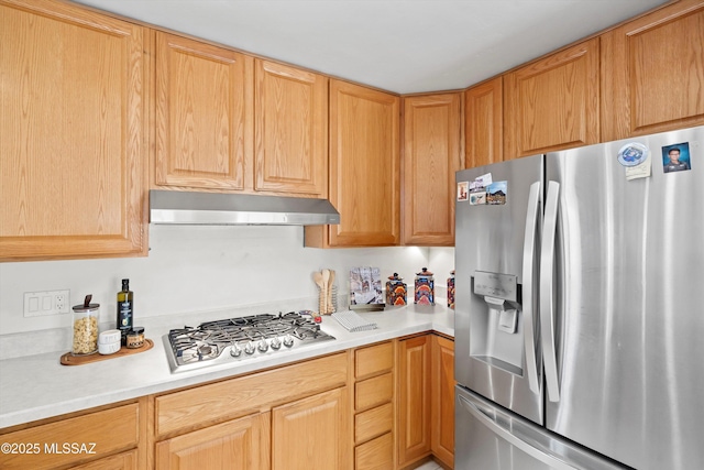 kitchen featuring light countertops, appliances with stainless steel finishes, and under cabinet range hood