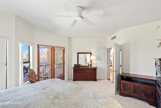 bedroom featuring french doors, a ceiling fan, access to exterior, light colored carpet, and visible vents