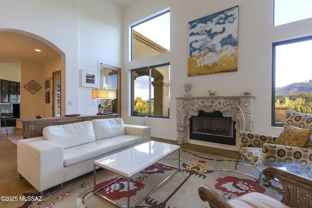 4519 N Camino Kino, Tucson, AZ 85718 - living room with healthy amount of natural light, a high ceiling, arched walkways, and a fireplace