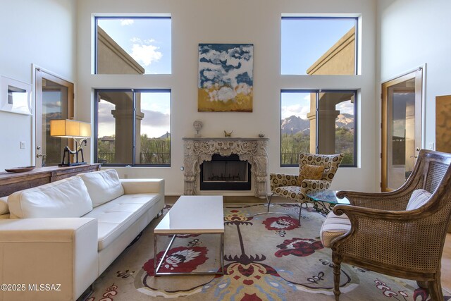 4519 N Camino Kino, Tucson, AZ 85718 - living room featuring a high ceiling and a fireplace