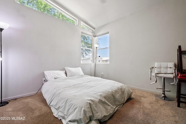 bedroom featuring baseboards, vaulted ceiling, and carpet flooring