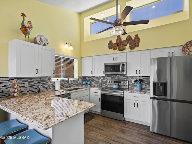 kitchen with ceiling fan, a towering ceiling, appliances with stainless steel finishes, a sink, and a peninsula