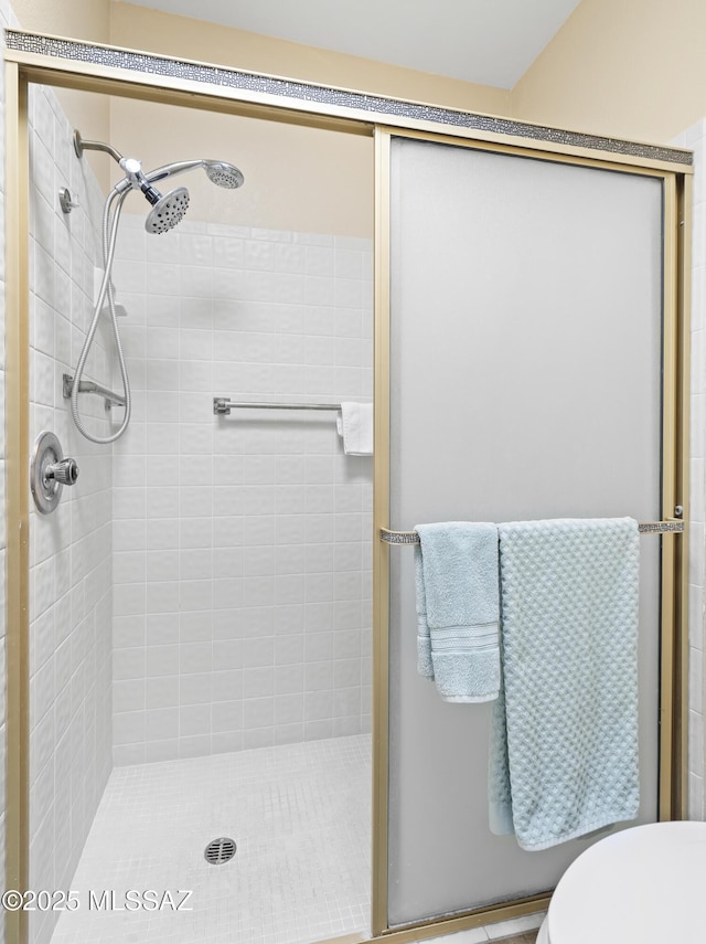 bathroom featuring toilet and a stall shower