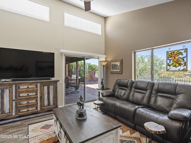 living area featuring a towering ceiling and wood finished floors