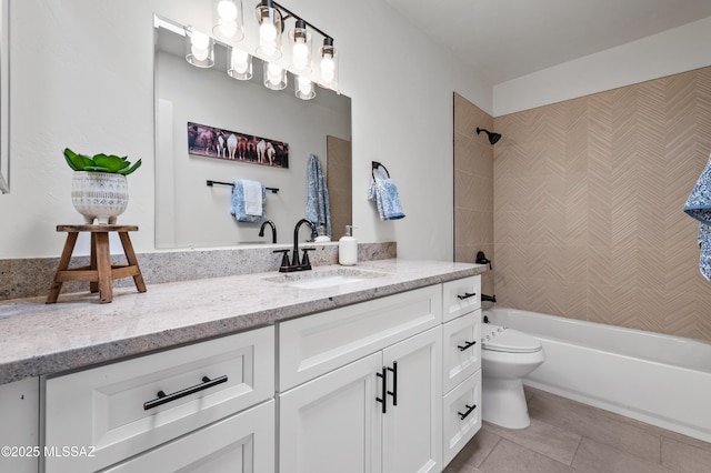full bath with toilet, tub / shower combination, tile patterned flooring, and vanity