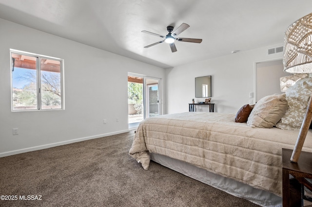 carpeted bedroom featuring baseboards, ceiling fan, access to exterior, and visible vents