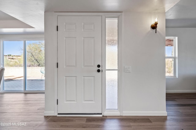 entryway with baseboards and wood finished floors