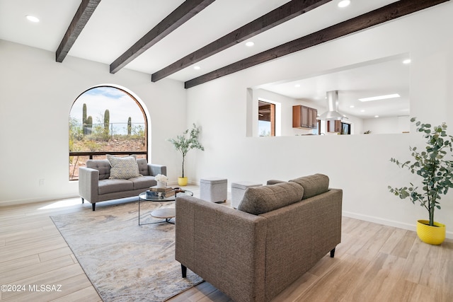 living room featuring baseboards, beamed ceiling, recessed lighting, and light wood-style flooring