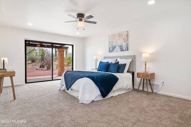 bedroom with baseboards, access to outside, carpet, and recessed lighting