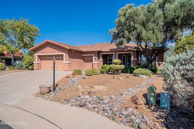 ranch-style home with an attached garage, stucco siding, and concrete driveway