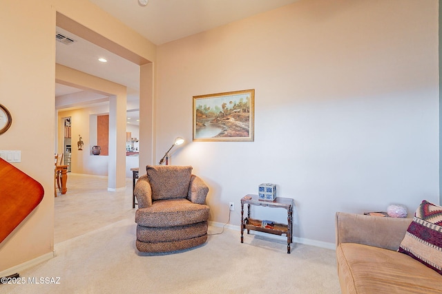 living area with baseboards, carpet flooring, recessed lighting, and visible vents