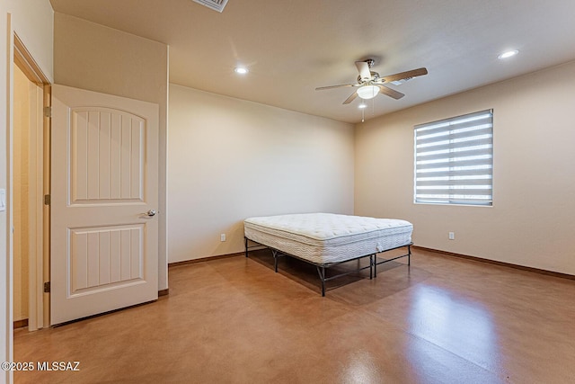 bedroom with recessed lighting, a ceiling fan, baseboards, and finished concrete flooring