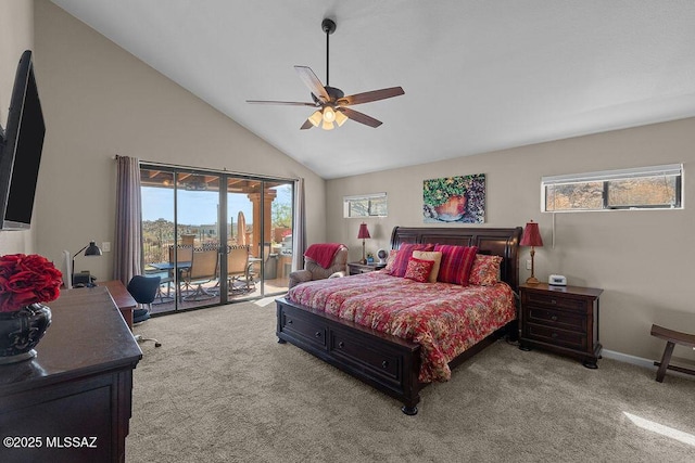 14171 N Gibson Trl, Tucson, AZ 85755 - bedroom with access to exterior, carpet, high vaulted ceiling, ceiling fan, and baseboards