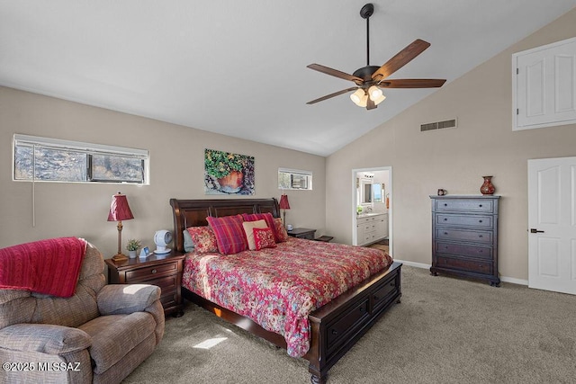 14171 N Gibson Trl, Tucson, AZ 85755 - bedroom featuring carpet, baseboards, a ceiling fan, ensuite bathroom, and high vaulted ceiling