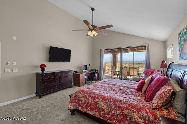 14171 N Gibson Trl, Tucson, AZ 85755 - bedroom featuring access to outside, vaulted ceiling, light colored carpet, ceiling fan, and baseboards