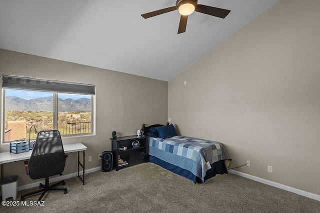 14171 N Gibson Trl, Tucson, AZ 85755 - carpeted bedroom with a mountain view, baseboards, ceiling fan, a desk, and vaulted ceiling