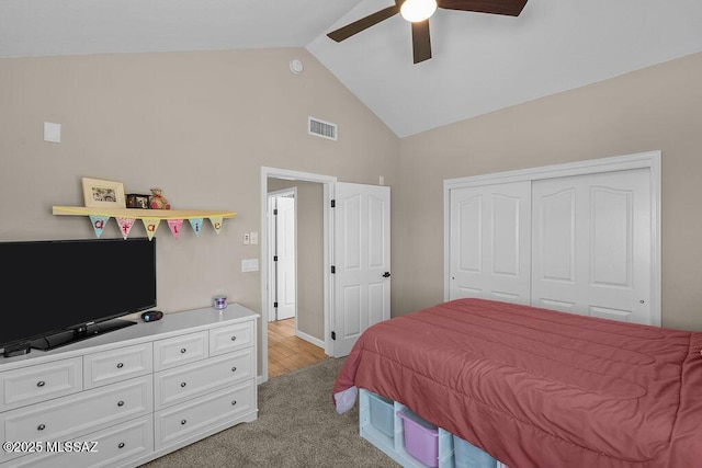 14171 N Gibson Trl, Tucson, AZ 85755 - bedroom with high vaulted ceiling, ceiling fan, a closet, and light colored carpet