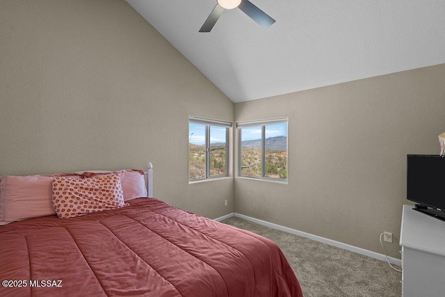 14171 N Gibson Trl, Tucson, AZ 85755 - carpeted bedroom with a mountain view, baseboards, ceiling fan, a desk, and vaulted ceiling
