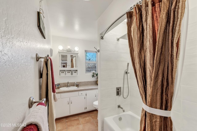 bathroom featuring vanity, shower / bathtub combination with curtain, tile patterned floors, and toilet