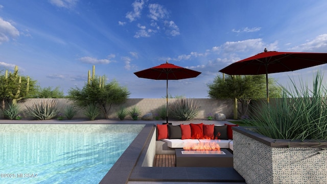 view of swimming pool with a fenced in pool, a fenced backyard, and an outdoor living space with a fire pit