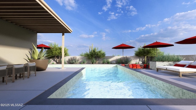 view of pool featuring a fenced in pool, a fenced backyard, and a patio area