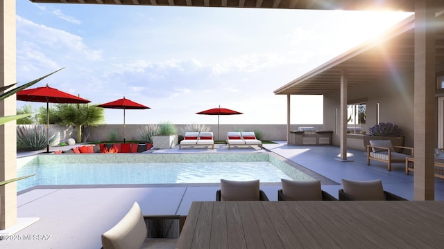 view of swimming pool with a fenced in pool, outdoor lounge area, exterior kitchen, and outdoor dining space